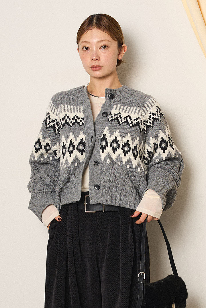 [SET]2WAY求心柄ジャガードショートカーディガン+2WAY袖コード刺繍クルーネックプルオーバー(2set)