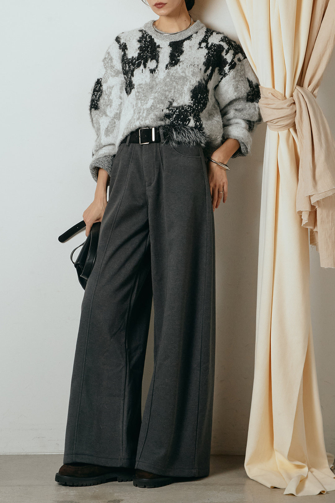 [SET]起毛ニュアンス柄ニットプルオーバー+ファーベルト付きワイドパンツ(2set)
