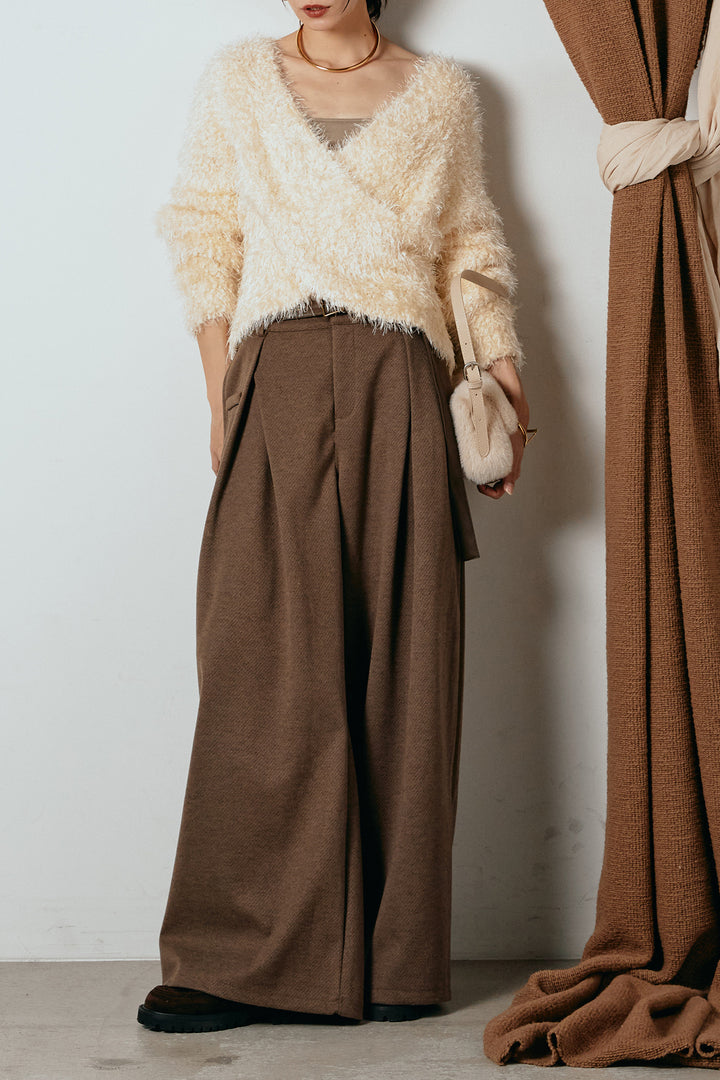 [SET]シャギークロスニットトップス+細ベルト付き起毛タックワイドパンツ(2set)