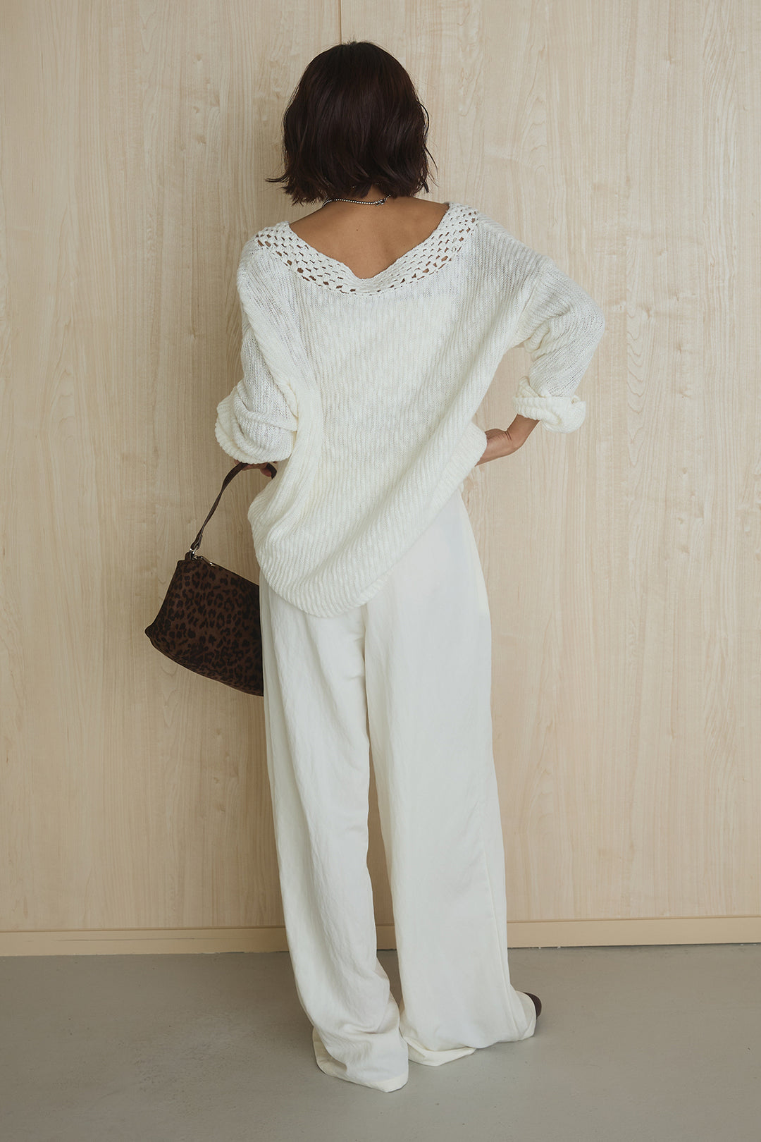 [SET]ネック編みデザインニットトップス+ウエスト折り返しワイドパンツ(2set)