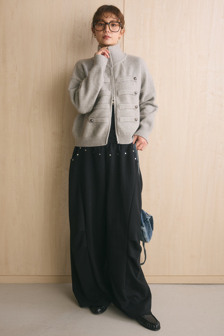 [SET]ナポレオンボタンハイネックニットブルゾン+スタッズ付きニーサイドタックスウェットパンツ(2set)