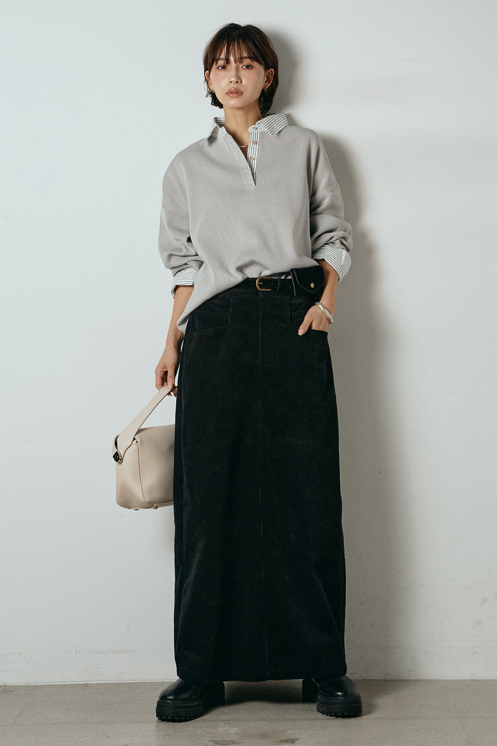 [SET]ストライプシャツドッキングポロトップス+ポーチベルト付きコーデュロイワイドスカート(2set)