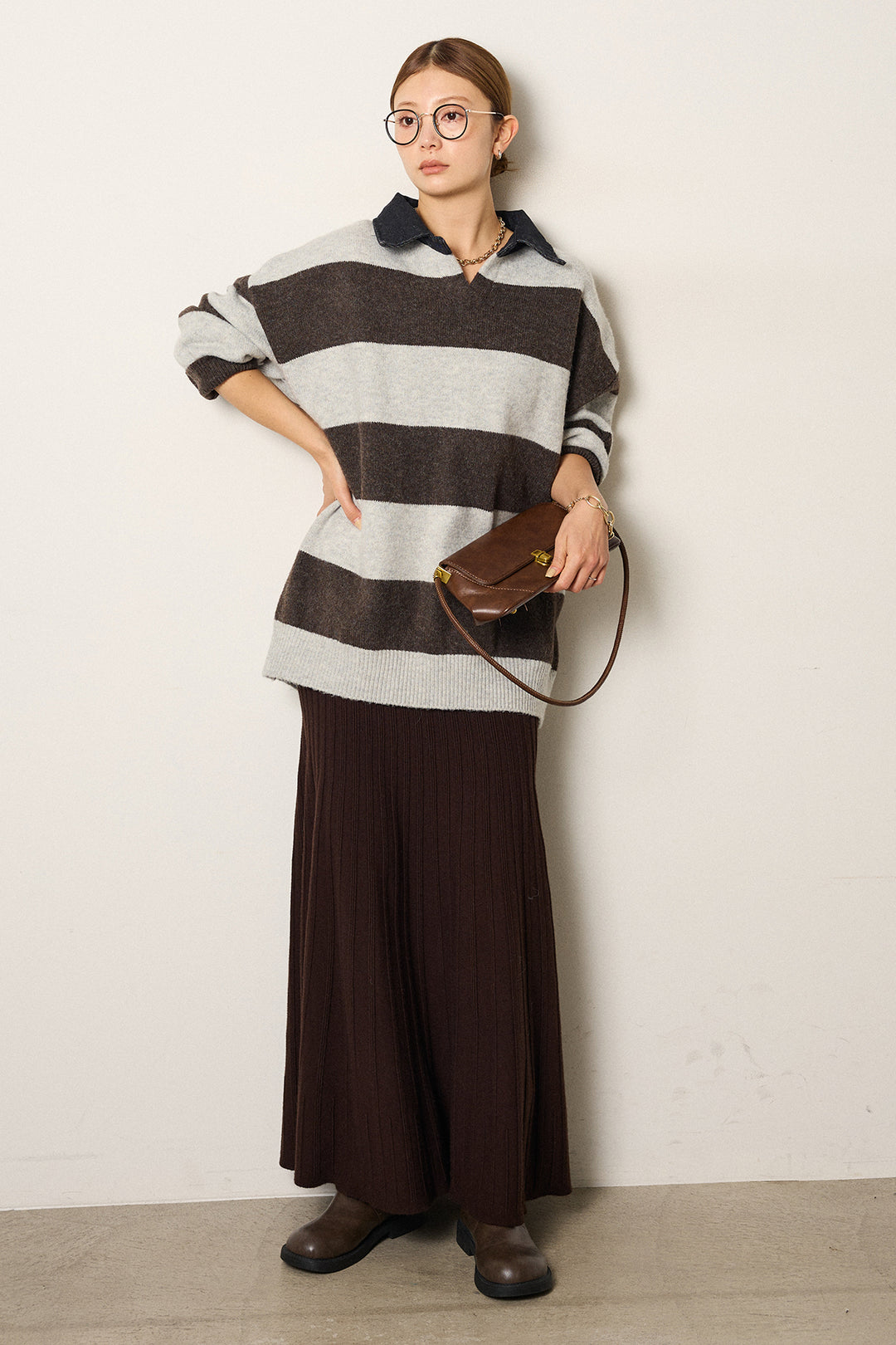 [SET]デニムカラーボーダールーズニット+編み地切り替えフレアニットスカート(2set)