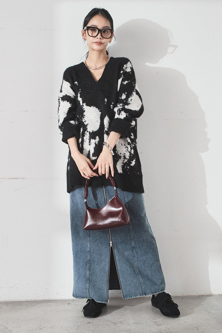 [SET]アブストラクト柄ニットプルオーバー+フロントジップデニムスカート(2set)