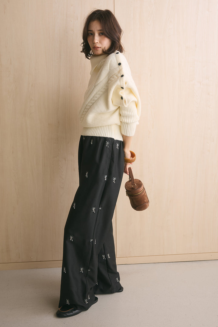 [SET]アシメカラーボタンケーブルニット+総ビーズ刺繍パンツ(2set)