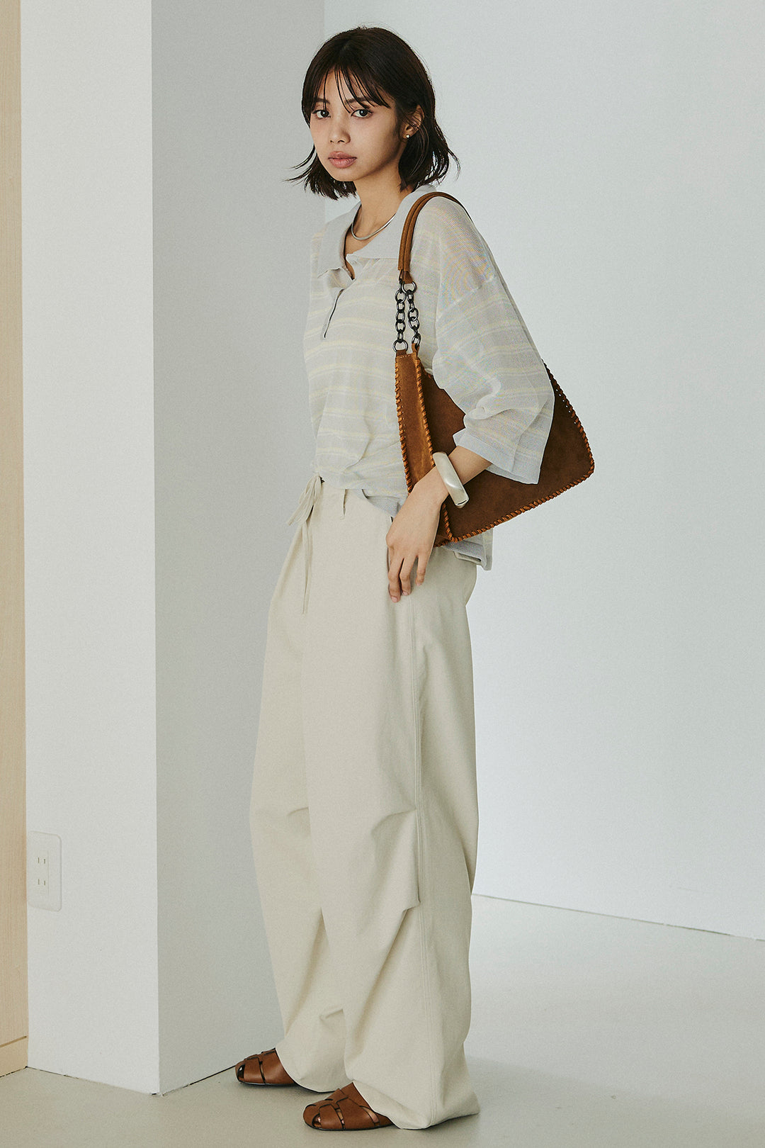 [SET]ボーダーニットポロシャツ+ニーサイドタックウエストドロスパンツ(2set)