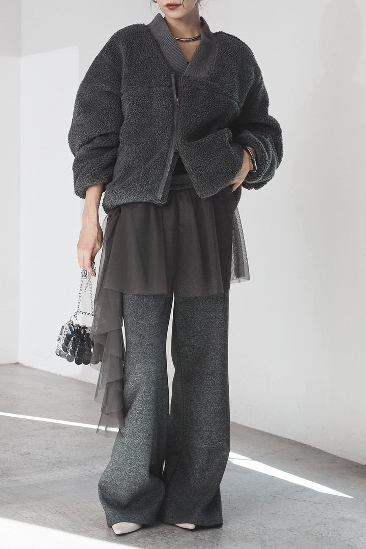 [SET]ノーカラーリブボアアウター+チュールレイヤードニットパンツ(2set)