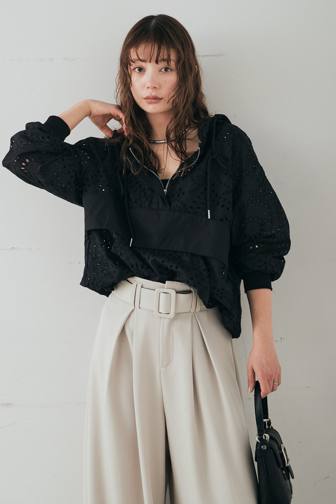 [SET]レースハーフジップアップフーディー+ベルト付きツータックワイドパンツ(2set)