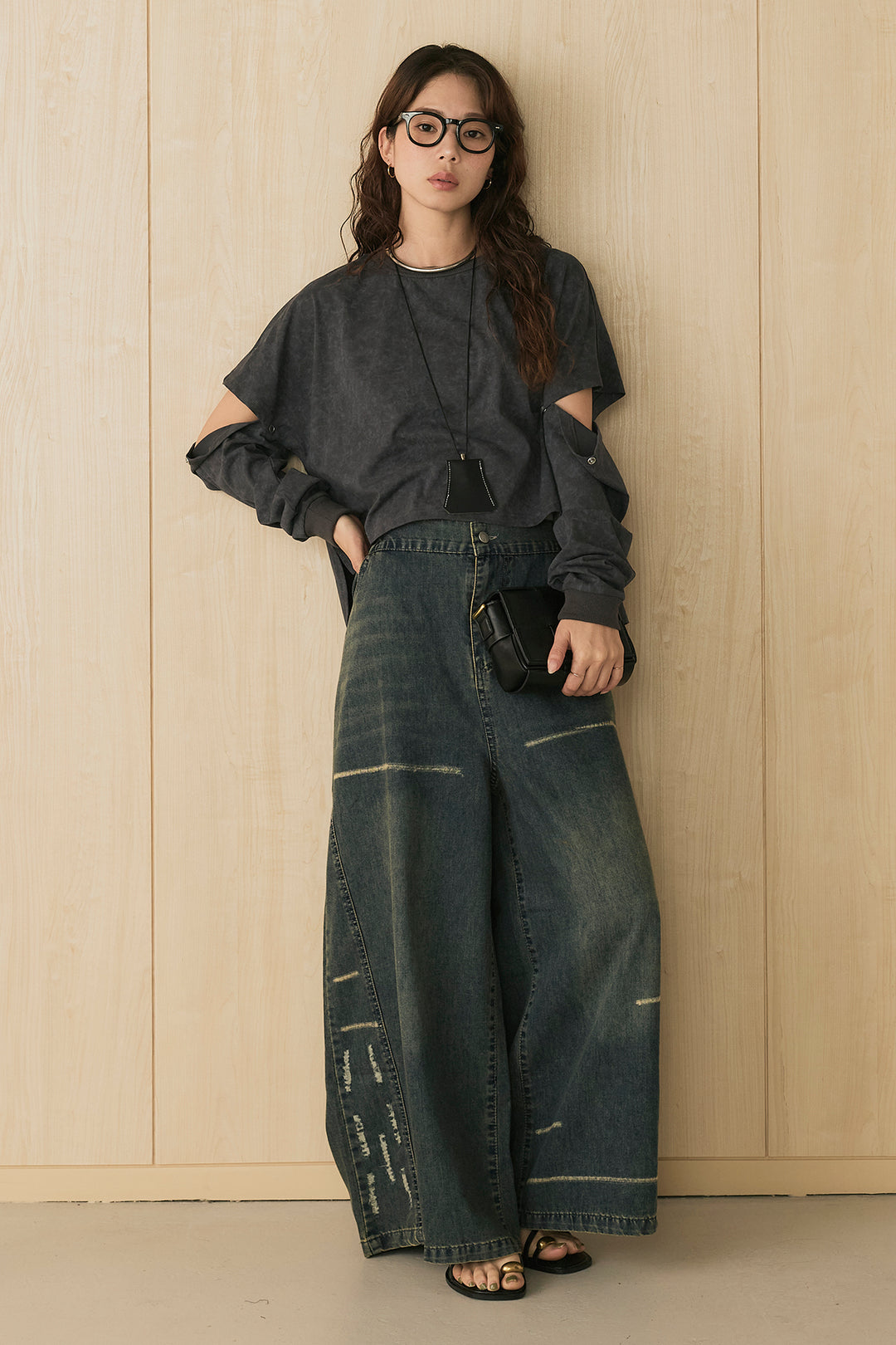 [SET]セパレートフェードTシャツ+ランダムダメージデニムワイドパンツ(2set)
