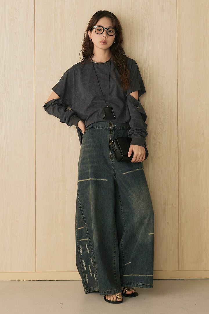 [SET]セパレートフェードTシャツ+ランダムダメージデニムワイドパンツ(2set)