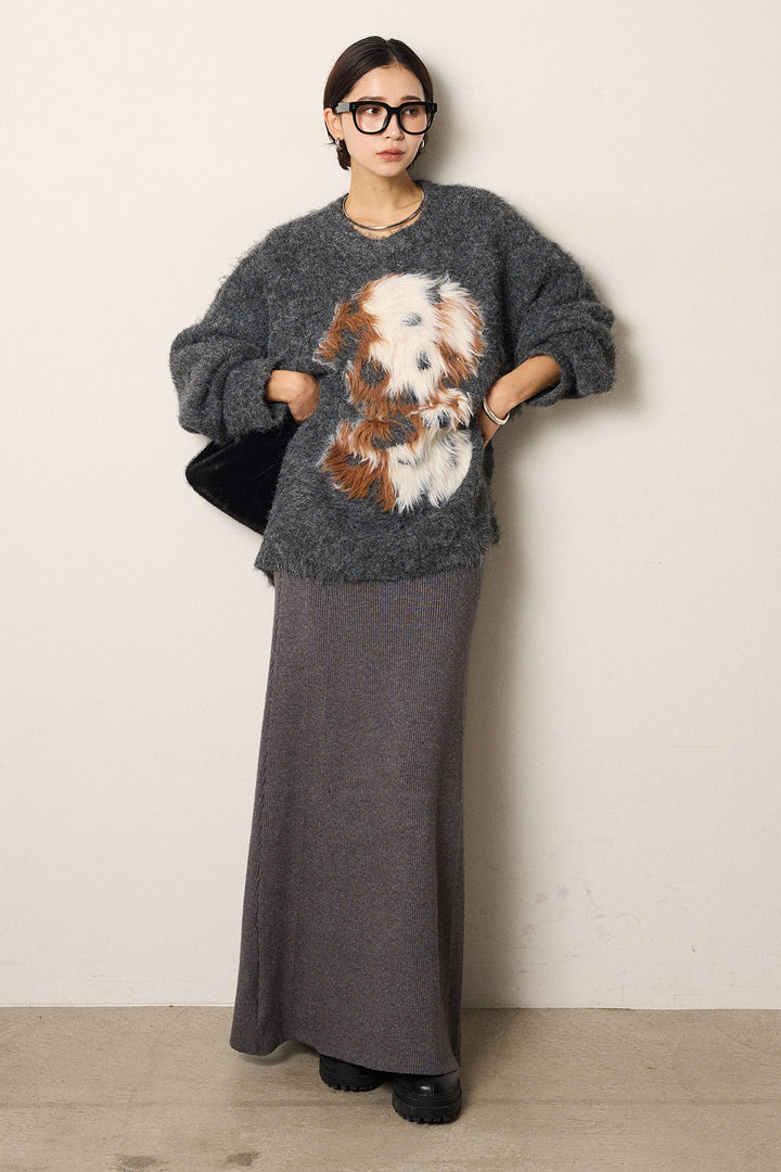 [SET]シャギーニュアンスアニマルニット+リブナローニットスカート(2set)