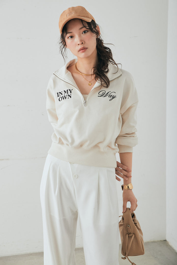 [SET]裏毛ロゴ刺繍ハーフZIPスウェット+斜めボタンタック入りスラックス(2set)