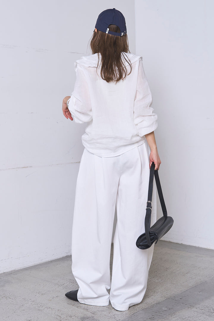 [SET]フリルボタンブラウス+紐ベルト付きカーブワイドパンツ(2set)