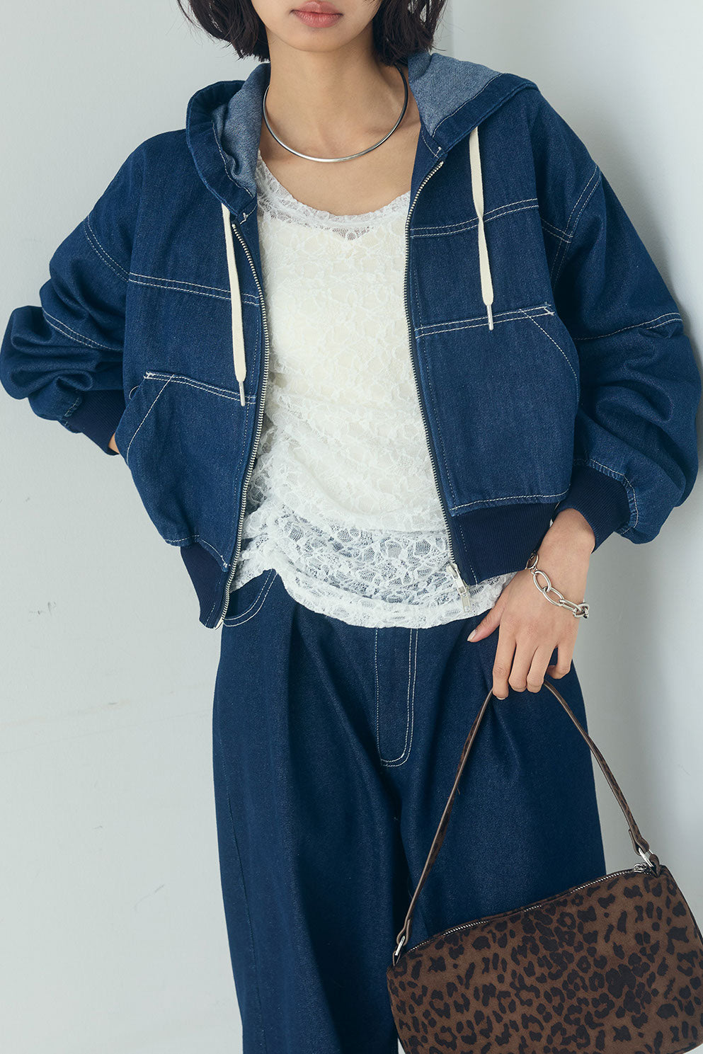 [SET]デニムダブルジップパーカーブルゾン+デニムタックカーブパンツ(2set)