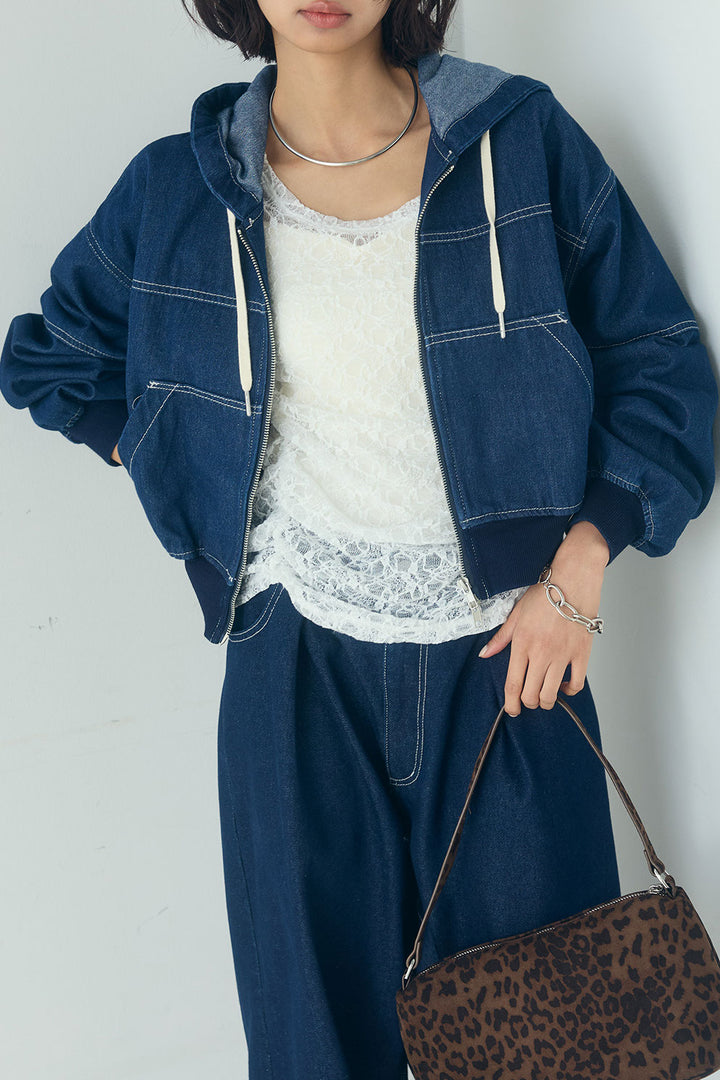 [SET]デニムダブルジップパーカーブルゾン+デニムタックカーブパンツ(2set)