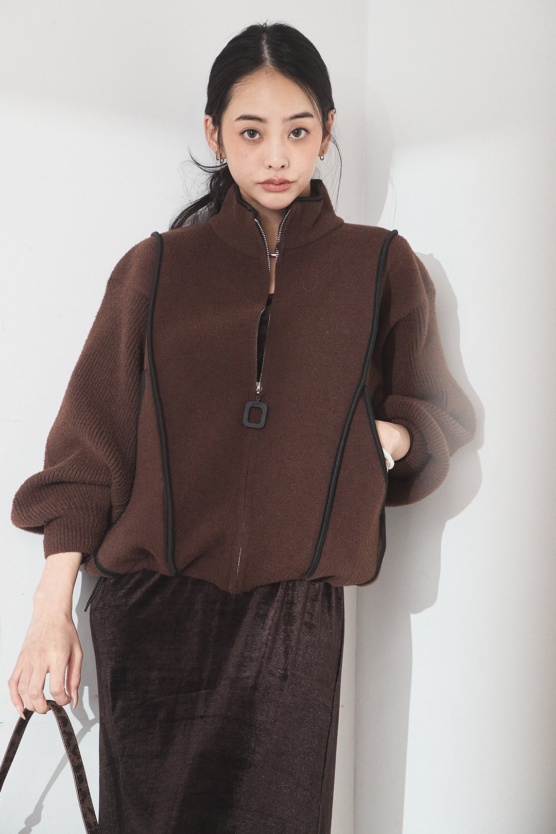 [SET]ハイネックパイピングデザインブルゾン+ベロアバレエネックワンピース(2set)