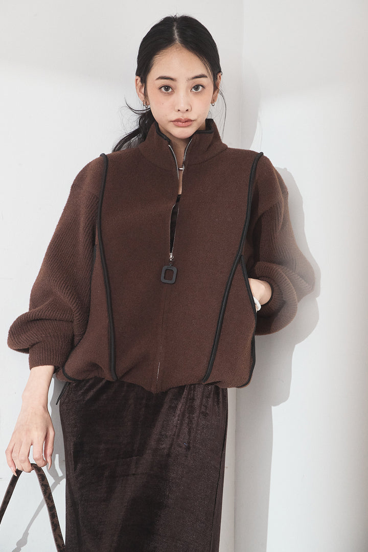 [SET]ハイネックパイピングデザインブルゾン+ベロアバレエネックワンピース(2set)