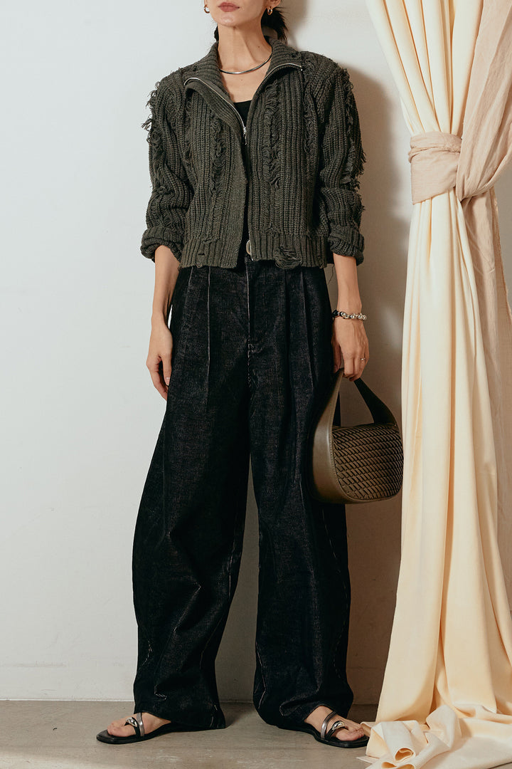 [SET]ハイネックフリンジジップニットトップス+フロントタック入りコーデュロイパンツ(2set)