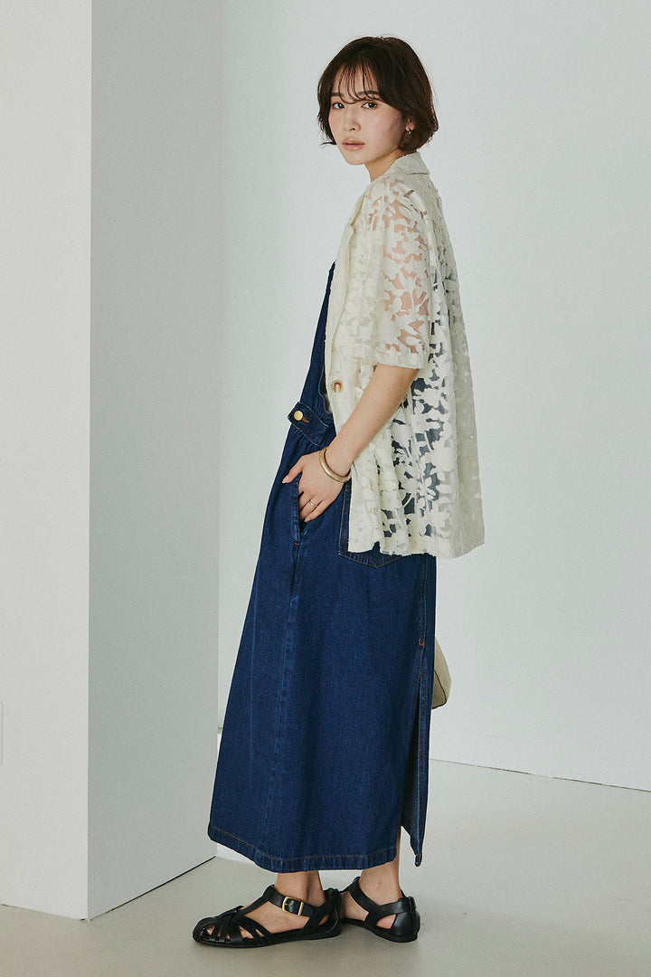 [SET]シアージャガードハーフスリーブテーラードジャケット+配色ショルダーデニムサロペットスカート(2set)