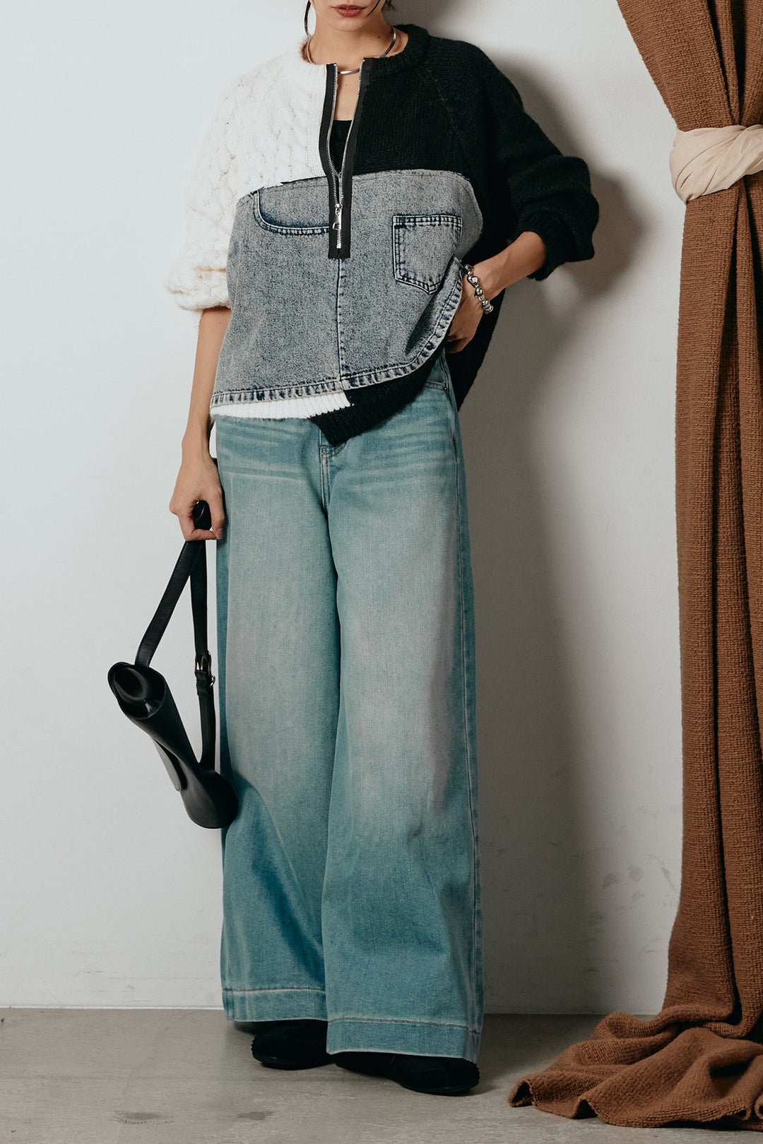 [SET]ハーフジップニットデニムドッキングトップス+ウエストダブルボタンワイドデニムパンツ(2set)