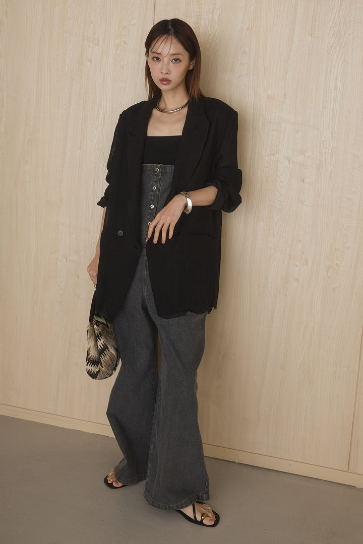 [SET]メッシュテーラードワイドジャケット+フロントボタンデニムサロペット(2set)