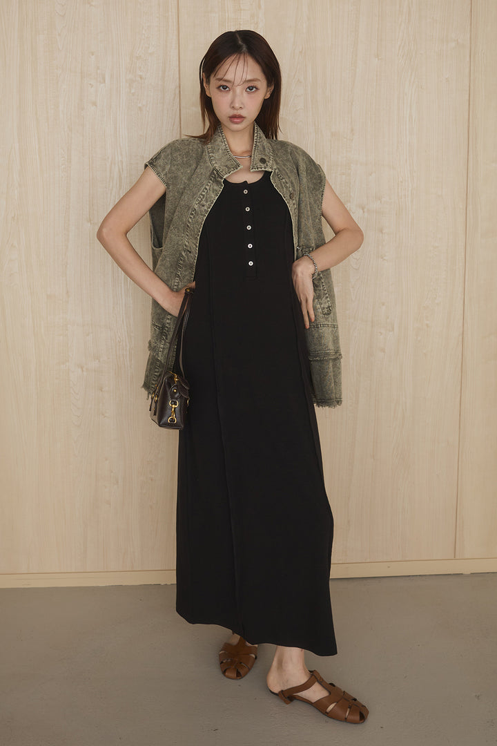 [SET]ケミカルデニムヘムカットオフジレ+ノースリロングワンピース(2set)