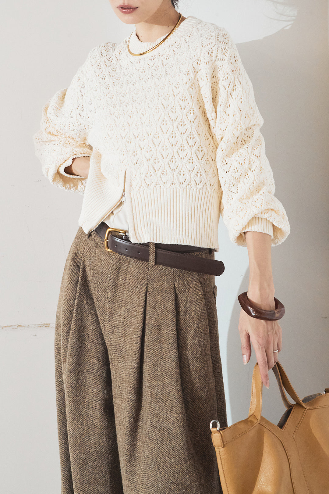[SET]透かし編みニットジップスリットプルオーバー+タックツイードワイドパンツ(2set)
