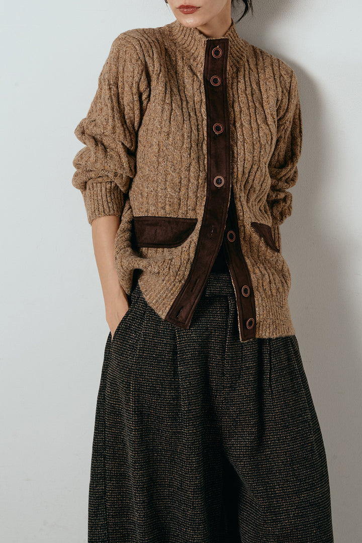 [SET]ボトルネックケーブルニットカーディガン+起毛タック入りツイードワイドパンツ(2set)
