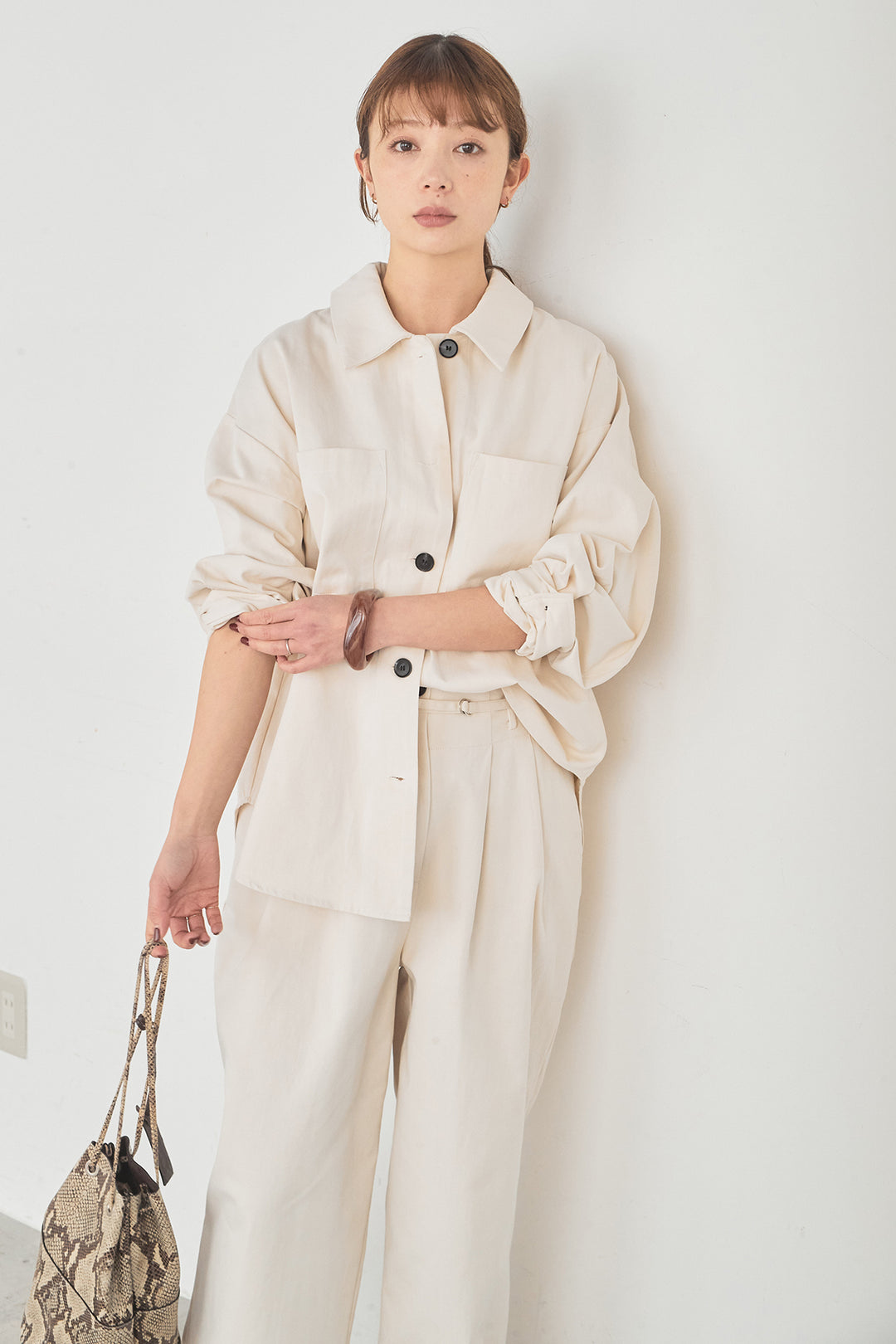 [SET]ツイルシャツジャケット+ツイルハイウエストタックパンツ(2set)