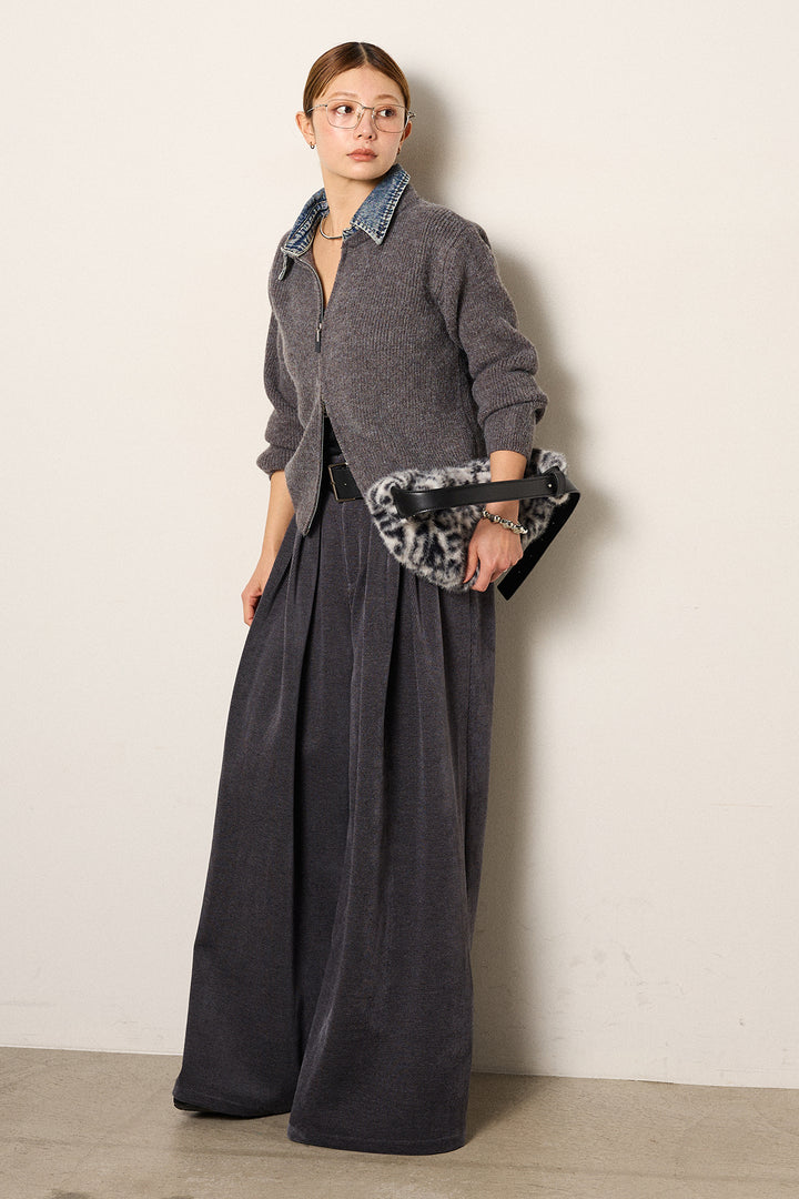 [SET]デニム襟ダブルジップニットトップス+ベルトループコーデュロイワイドパンツ(2set)