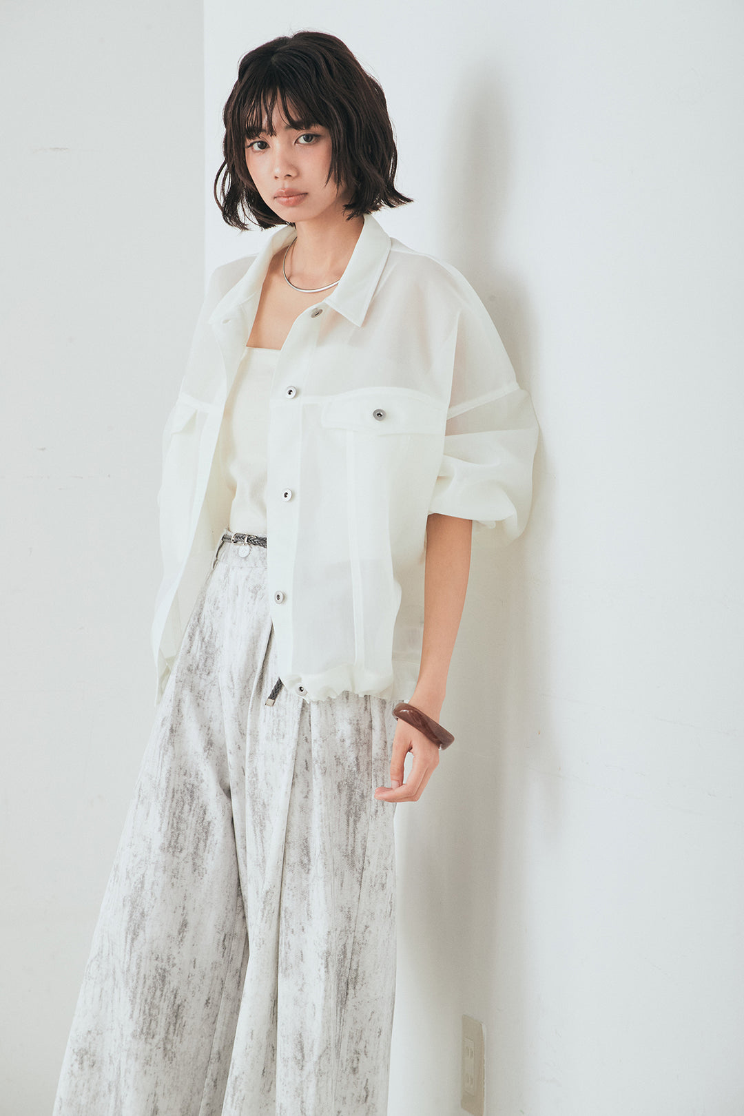 [SET]シアーダンボールサイドドロストジャケット+紐ベルト付きかすれ柄ワイドスラックス(2set)