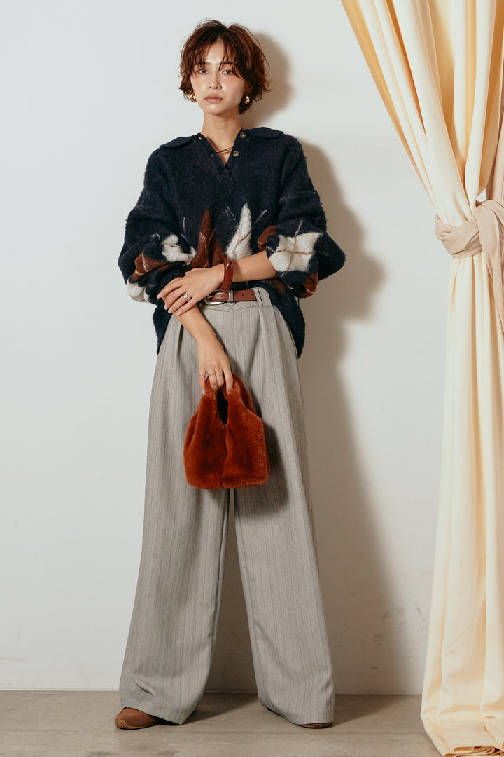 [SET]アーガイル柄ポロニットトップス+ストライプヘリンボーンパンツ(2set)