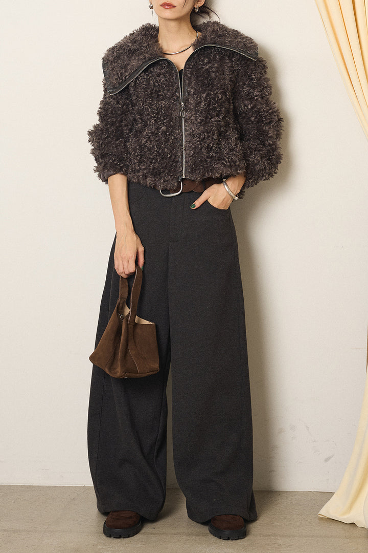 [SET]ビッグカラープードルボアアウター+編みベルト付きワイドパンツ(2set)