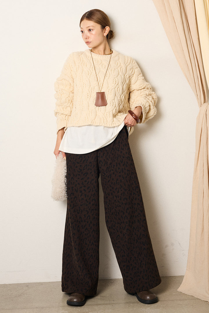 [SET]ケーブルリラックスショートニット+レオパードジャガードニットパンツ(2set)