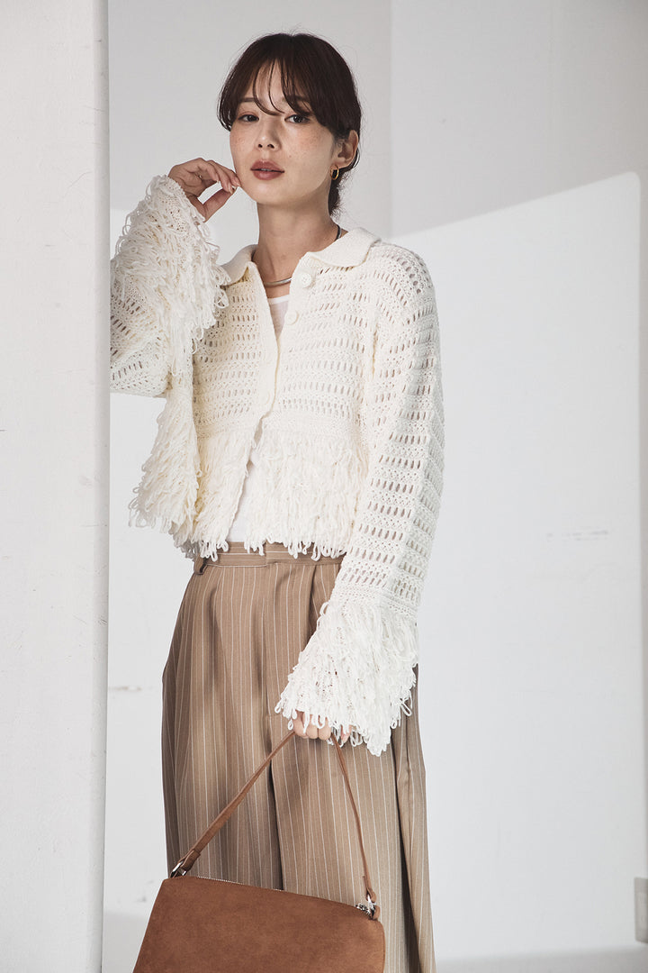 [SET]メッシュフリンジカーディガン+ヘリンボーンストライプツータックパンツ(2set)