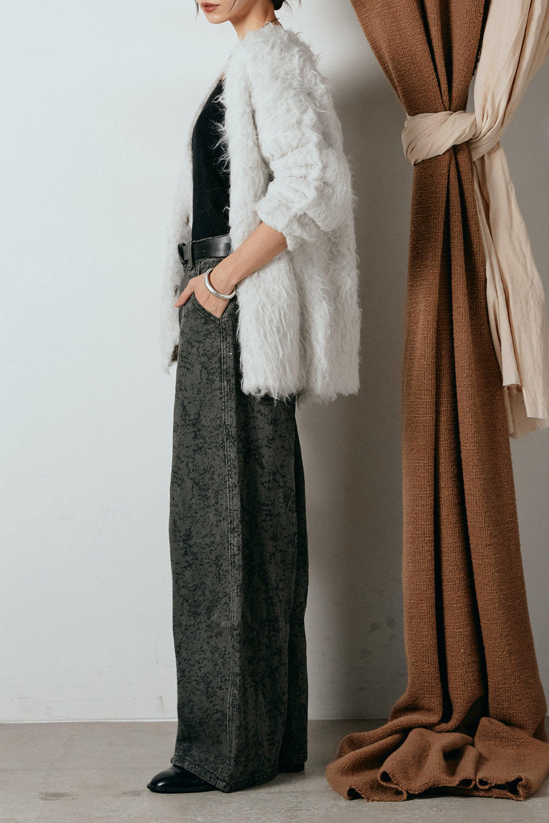 [SET]ウェーブシャギーニットジャケット+ベルト付きニュアンス柄カーブワイドパンツ(2set)