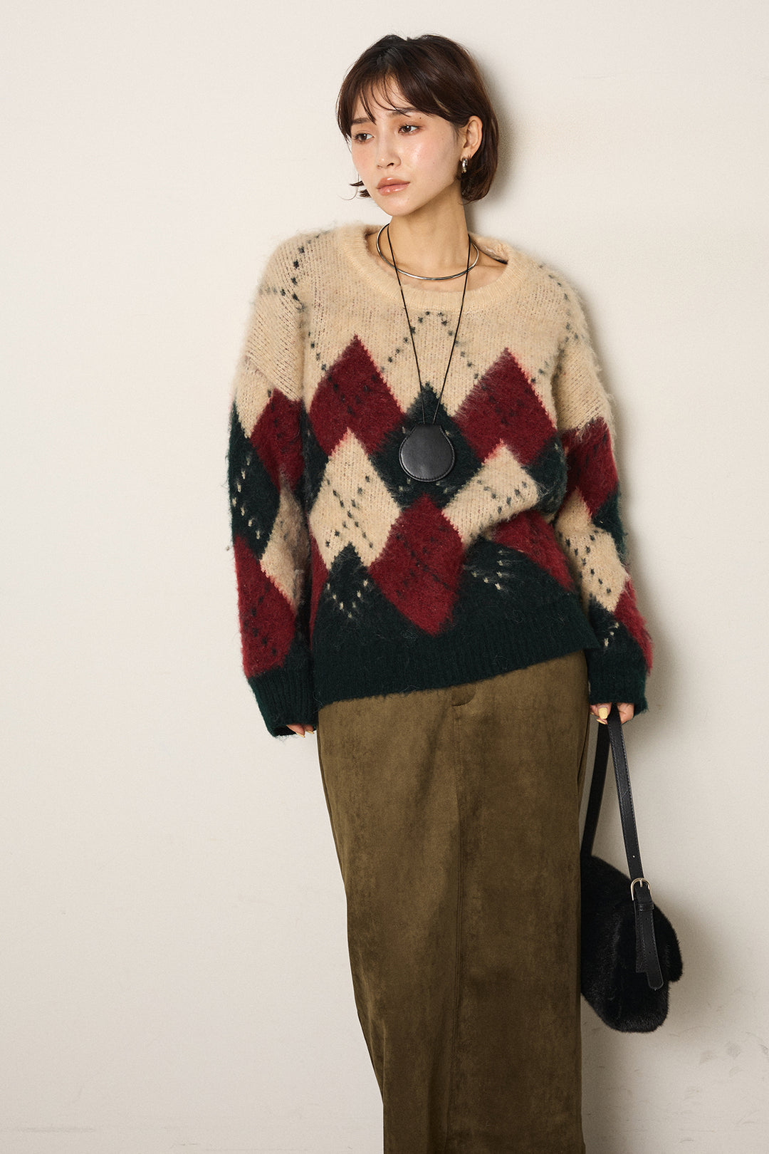 [SET]配色アーガイル柄ニットトップス+スウェードライク裾フリンジスカート(2set)