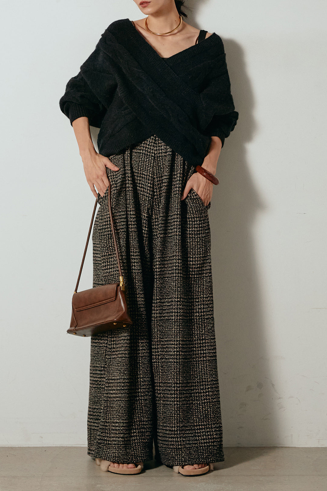 [SET]ケーブルカシュクールニットトップス+前後2wayグレンチェック柄スカーチョサロペット(2set)