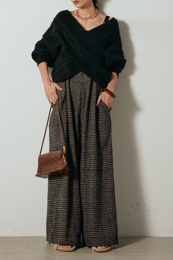 [SET]ケーブルカシュクールニットトップス+前後2wayグレンチェック柄スカーチョサロペット(2set)