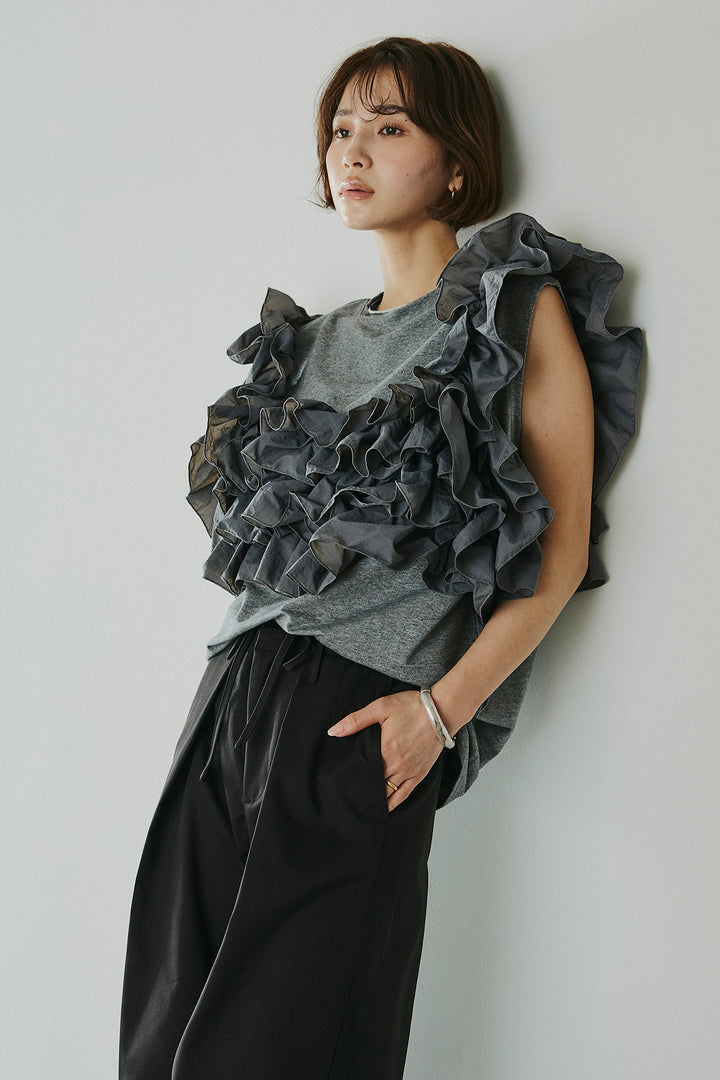 [SET]天竺ナイロンドッキングビスチェ風トップス+ニーサイドタックウエストドロスパンツ(2set)