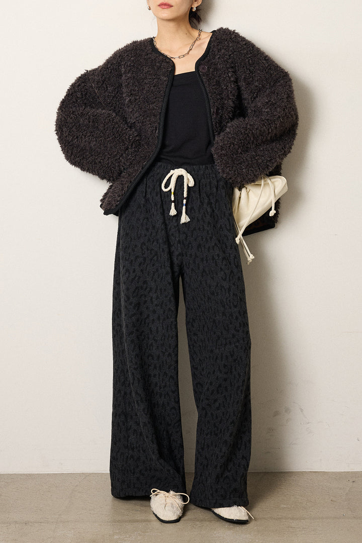 [SET]ノーカラー裏地レオパードボアアウター+レオパードジャガードニットパンツ(2set)