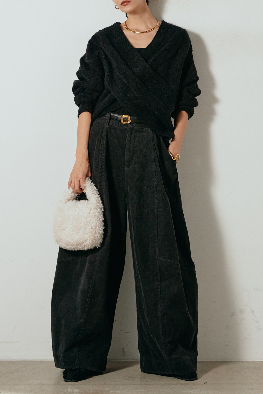 [SET]ケーブルカシュクールニットトップス+タック入りコーデュロイワイドパンツ(2set)