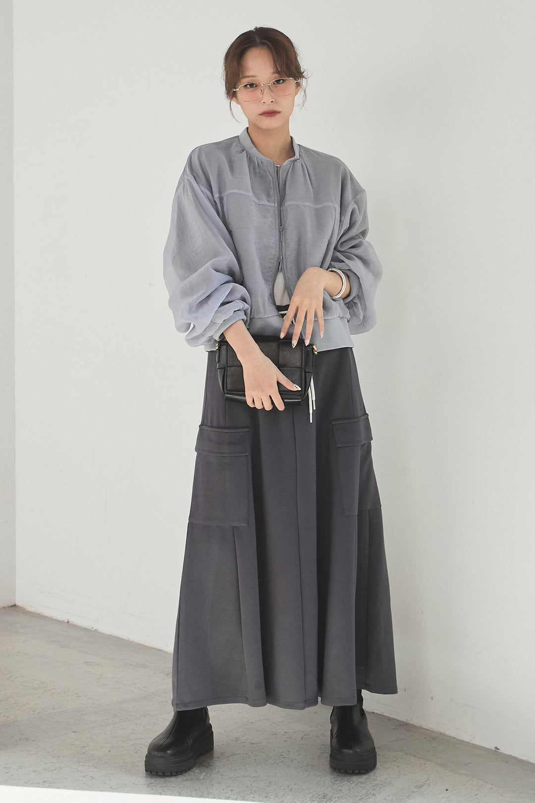 [SET]シアー×ポンチブルゾン+リラックススウェットスカート(2set)