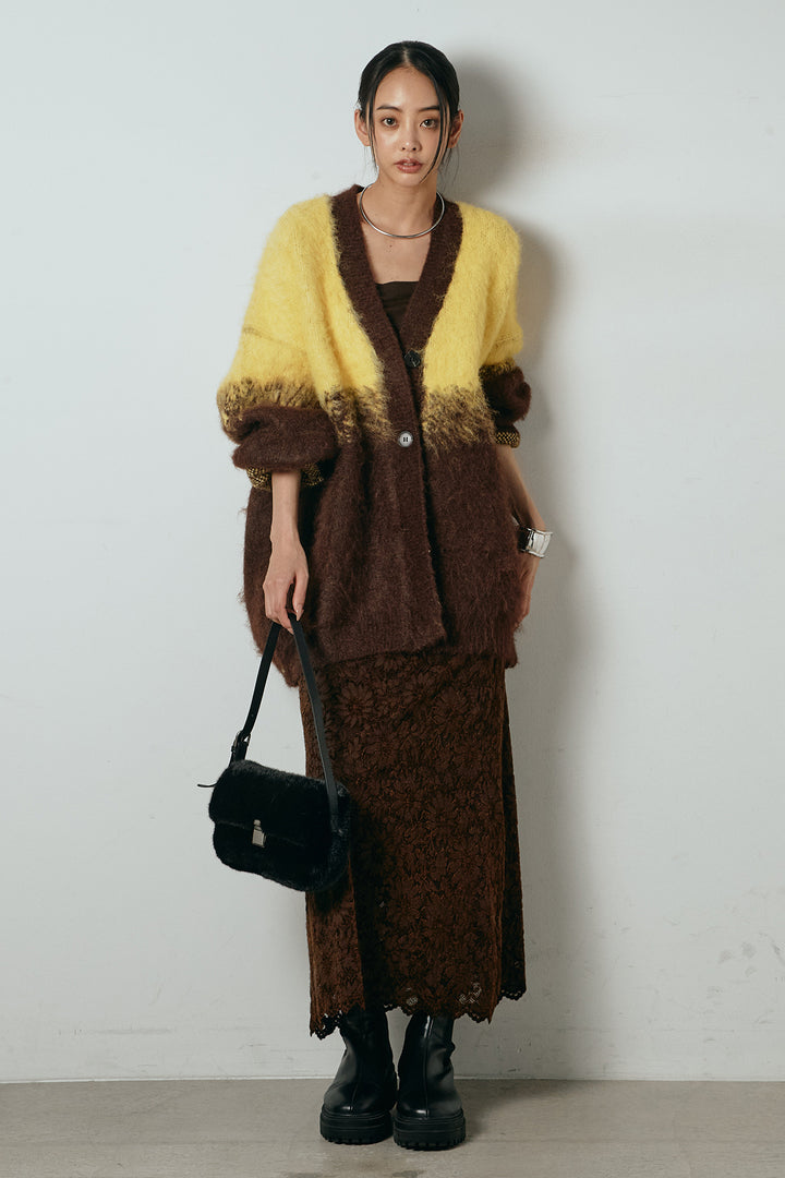 [SET]起毛グラデーションニットカーディガン+花柄刺繍ベロアフレアスカート(2set)