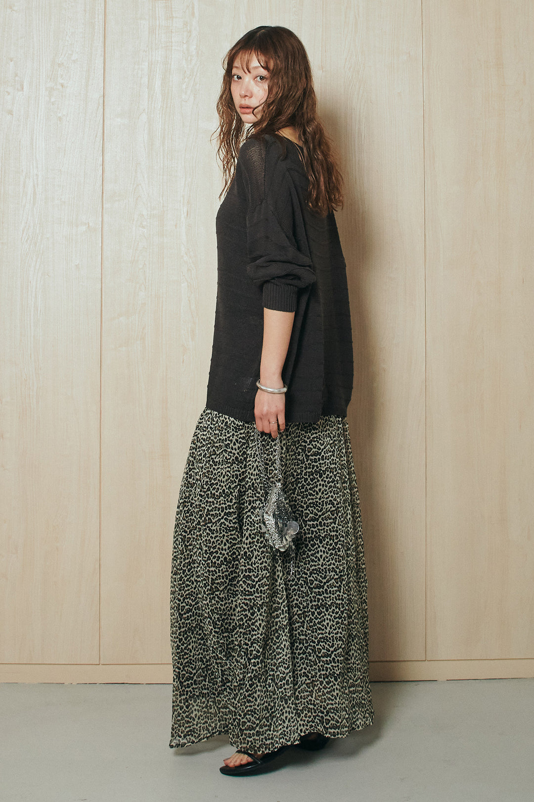 [SET]麻混リラックスニットトップス+リラックスレオパードロングスカート(2set)