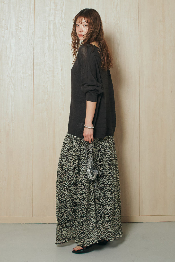 [SET]麻混リラックスニットトップス+リラックスレオパードロングスカート(2set)
