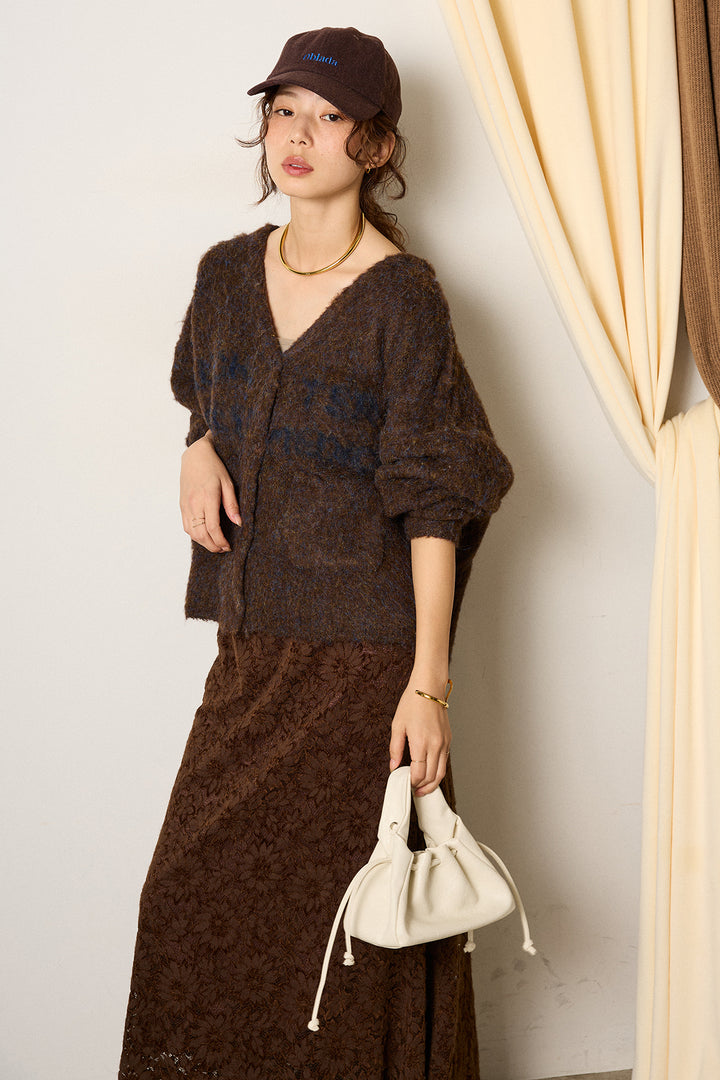 [SET]ウール混透かしロゴニットカーディガン+花柄刺繍ベロアフレアスカート(2set)