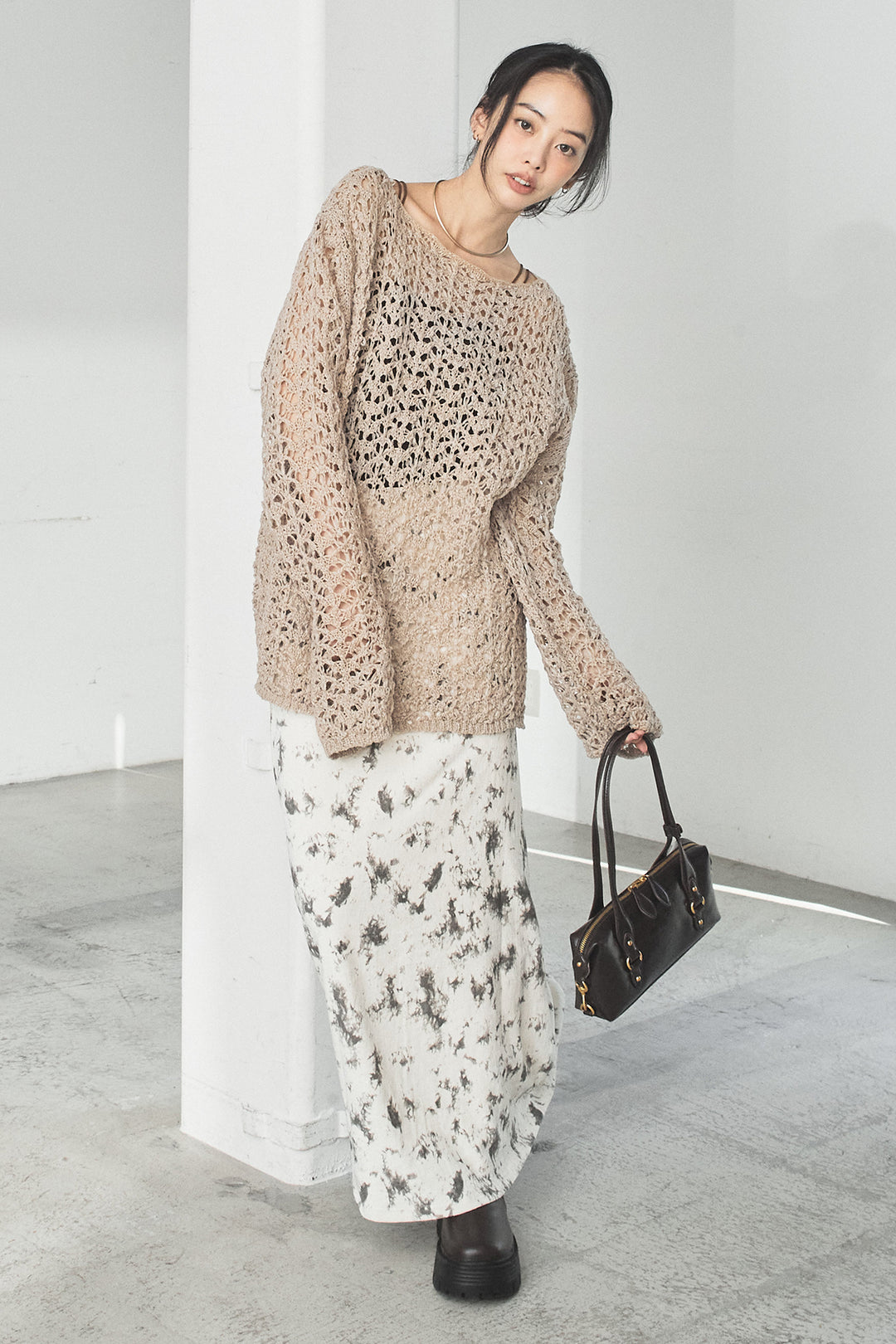 [SET]リラックスメッシュニットトップス+タイダイ柄ベロアワイドスカート(2set)