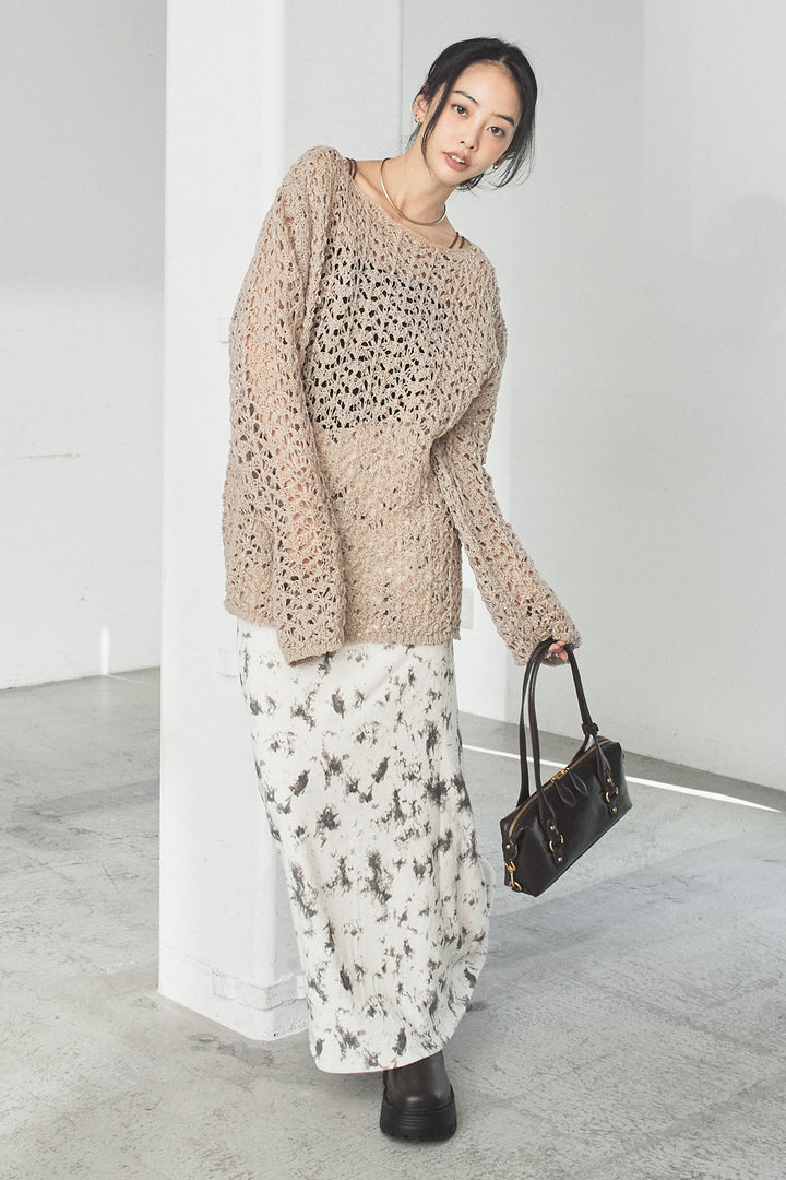 [SET]リラックスメッシュニットトップス+タイダイ柄ベロアワイドスカート(2set)