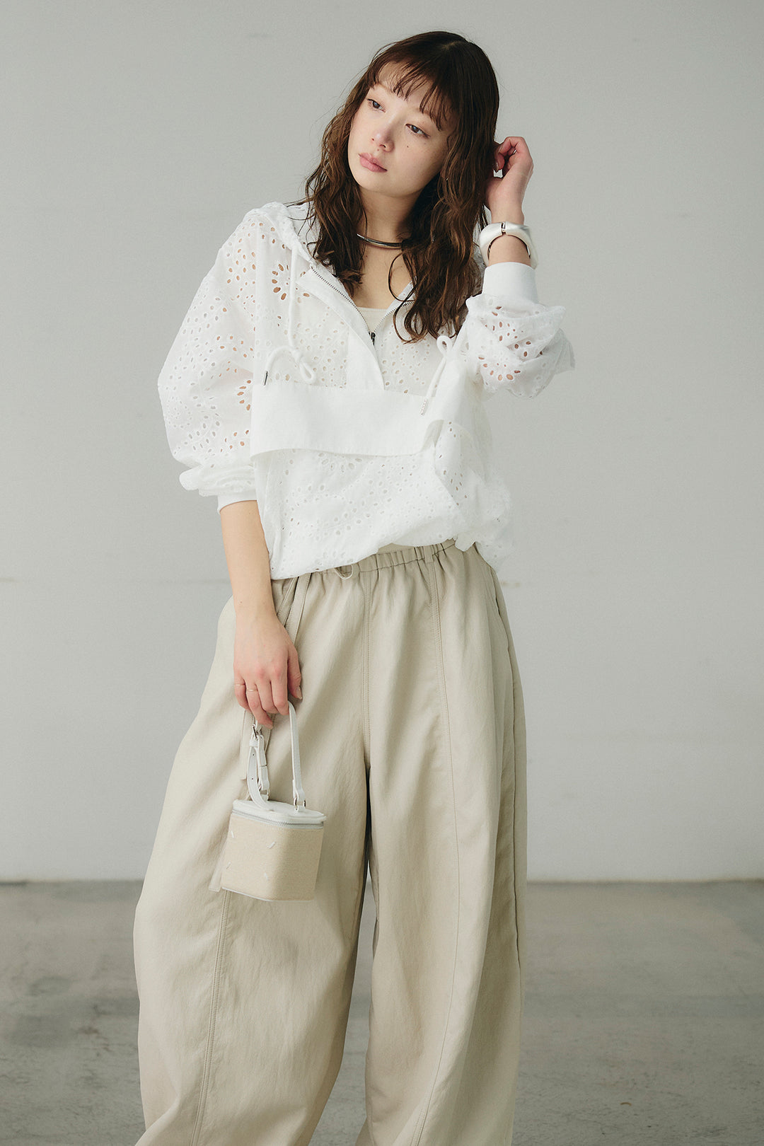 [SET]レースハーフジップアップフーディー+フェイクレザーカーブワイドパンツ(2set)